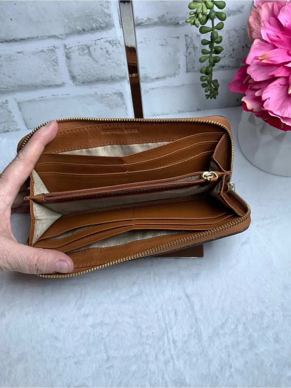 Michael Kors Cognac Saffiano Zip Wallet with Gold Logo